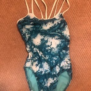 TYR suit with pretty blue and white print and double strap detail
